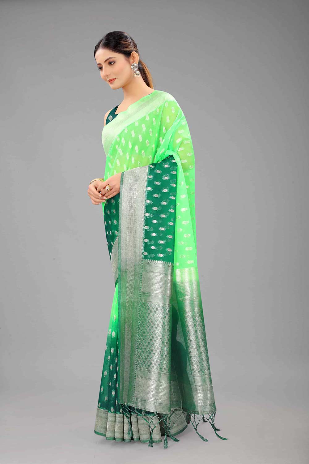 Buy Paan Green Nylon Organza Ethnic Motifs Banarasi One Minute Saree Online