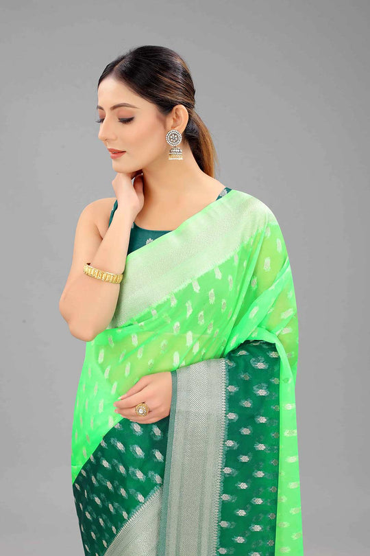 Buy Paan Green Nylon Organza Ethnic Motifs Banarasi One Minute Saree Online - Back