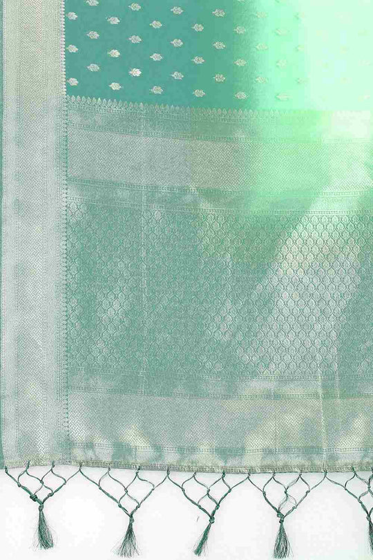 Buy Paan Green Nylon Organza Ethnic Motifs Banarasi One Minute Saree Online - Side