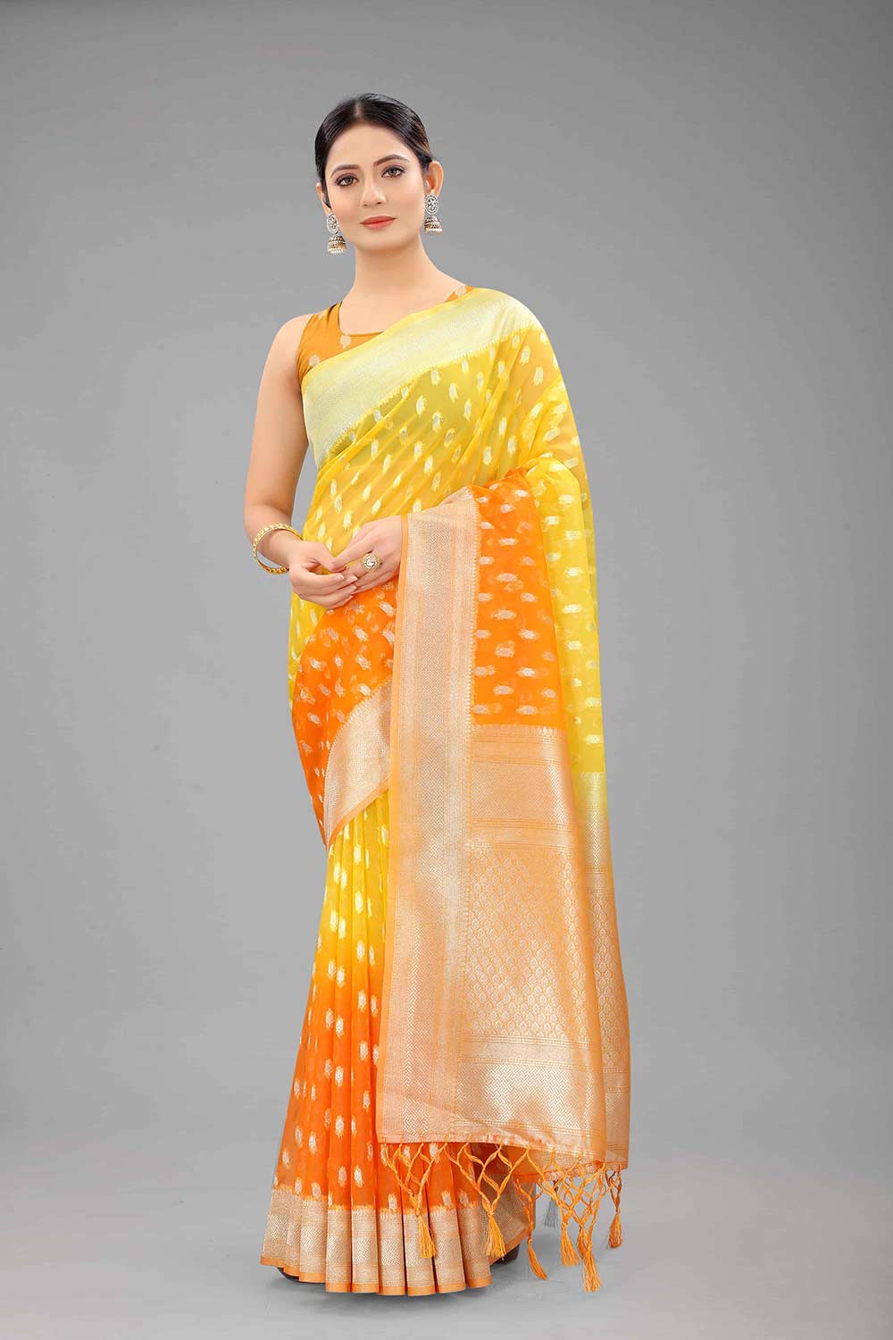 Buy Shari Yellow Nylon Organza Banarasi One Minute Saree Online - One Minute Saree