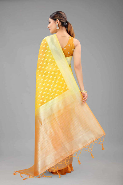 Shop Shari Yellow Nylon Organza Banarasi One Minute Saree at best offer at our  Store - One Minute Saree