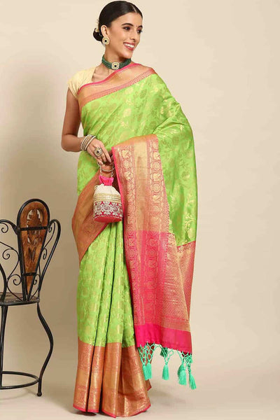 Buy Sheila Parrot Green Art Silk Floral Brocade One Minute Saree Online - One Minute Saree