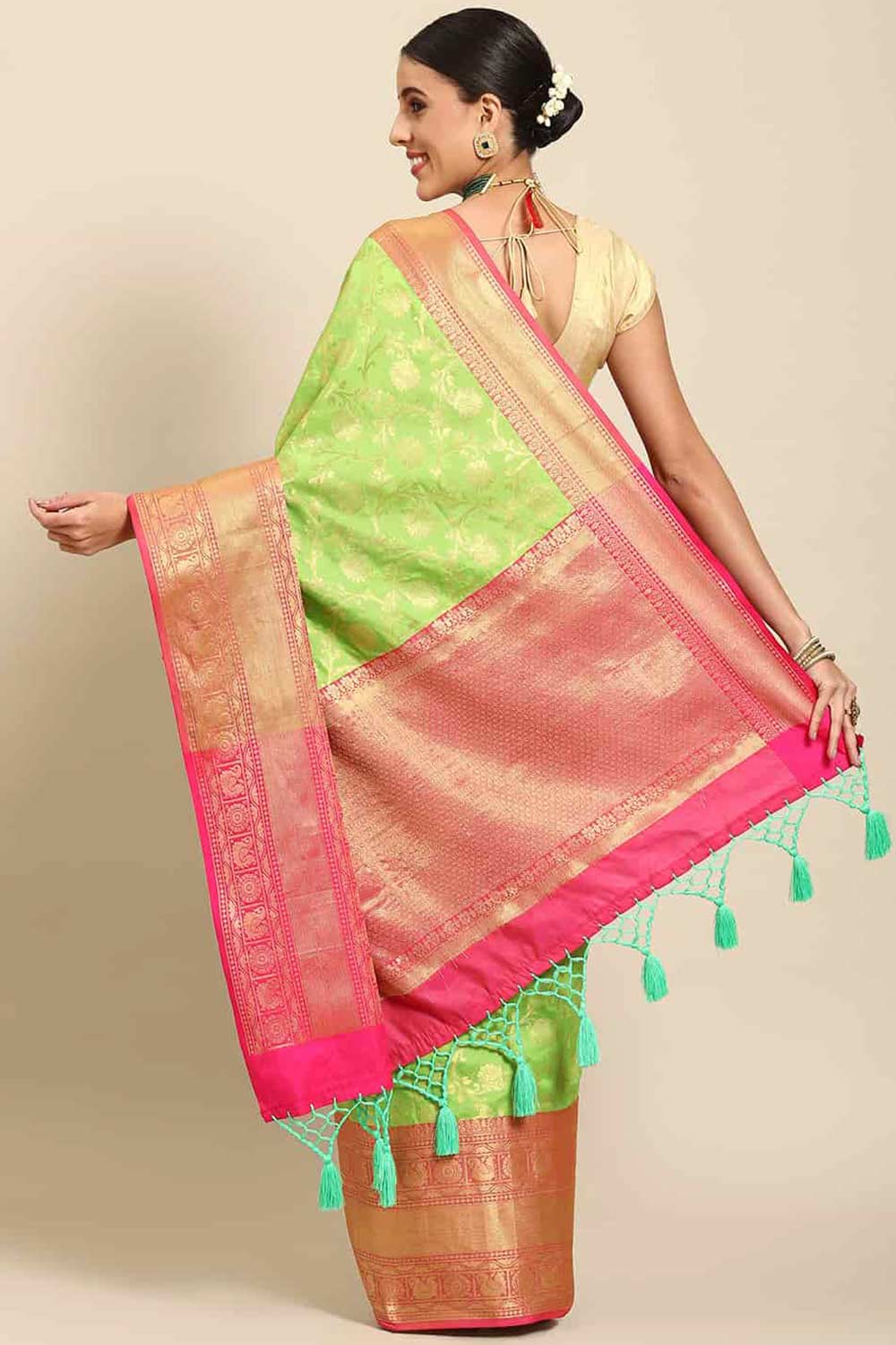 Shop Sheila Parrot Green Art Silk Floral Brocade One Minute Saree at best offer at our  Store - One Minute Saree