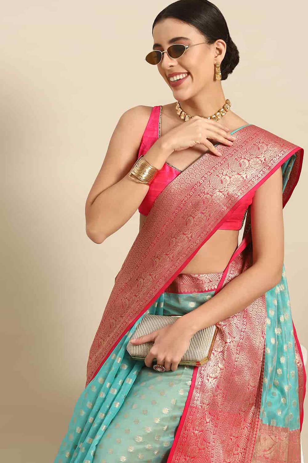 Buy Surbhi Teal Art Silk Ethnic Motifs Banarasi One Minute Saree Online