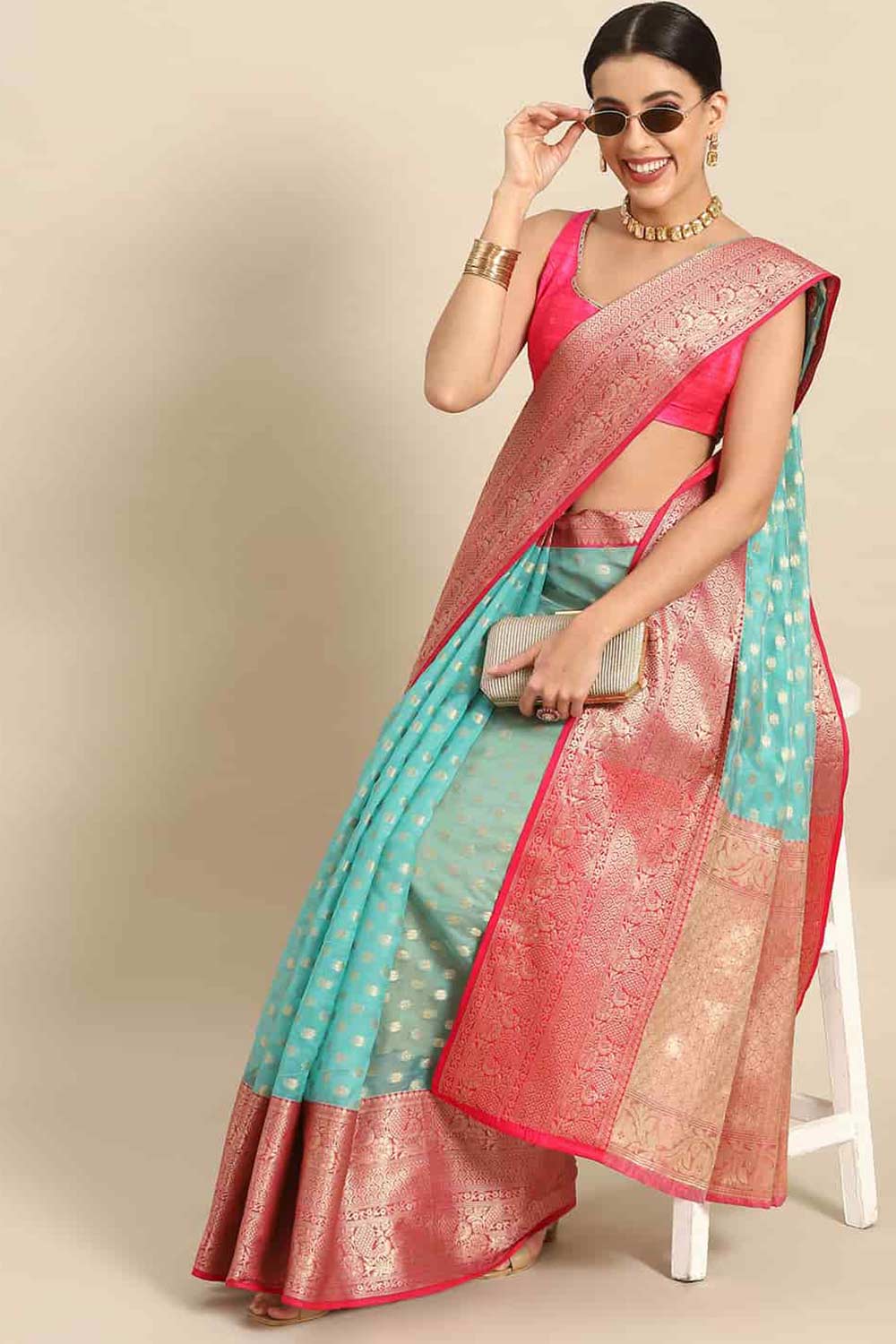 Buy Surbhi Teal Art Silk Ethnic Motifs Banarasi One Minute Saree Online - One Minute Saree