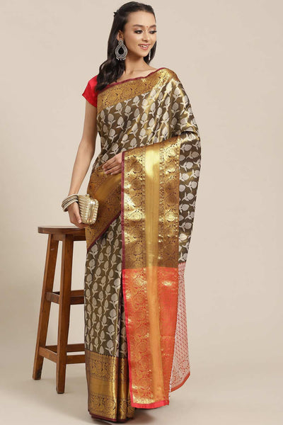 Buy Olivia Soft Art Silk Floral Printed Banarasi One Minute Saree Online - One Minute Saree