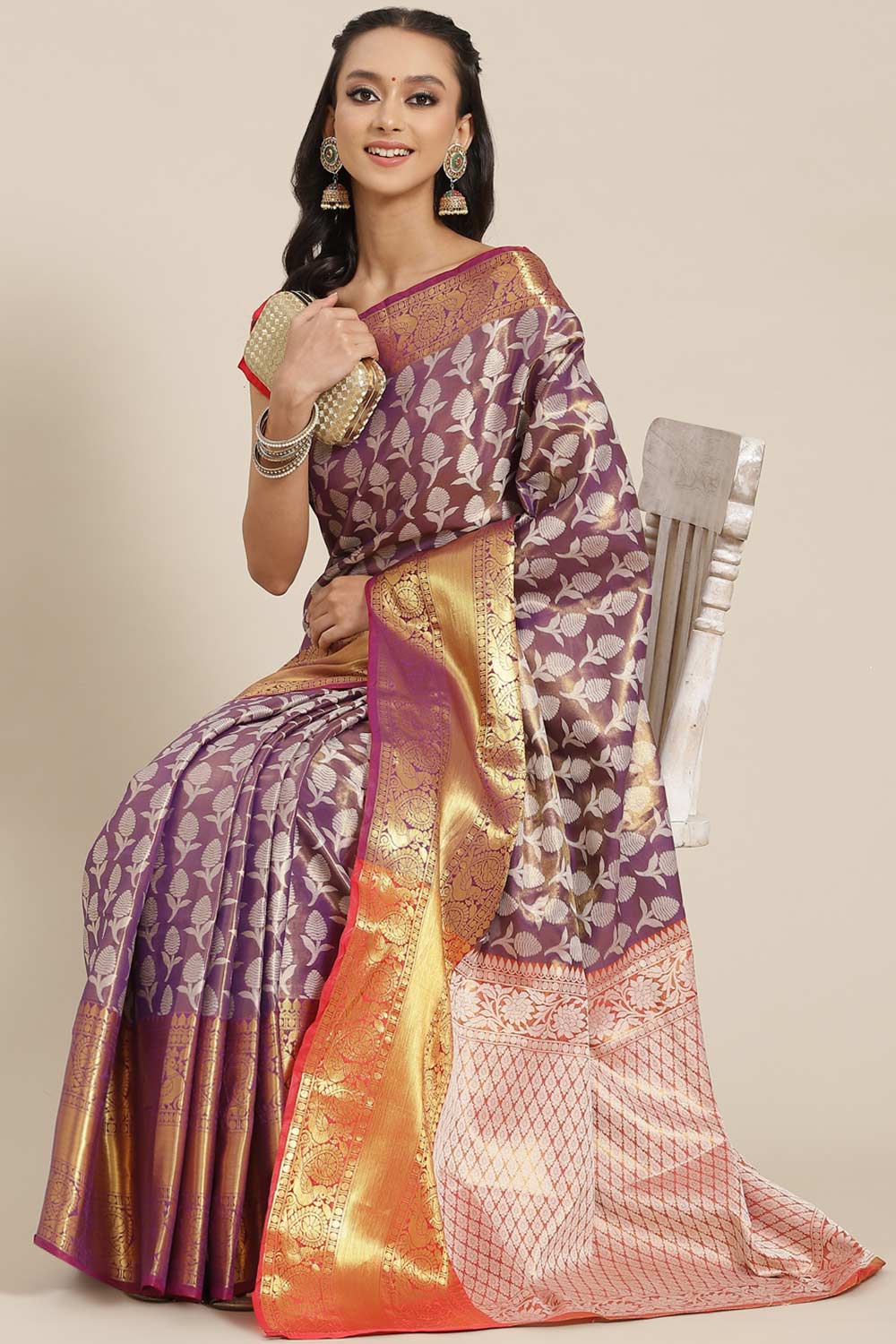 Buy Lydia Purple Soft Art Silk Floral Printed Banarasi One Minute Saree Online - One Minute Saree