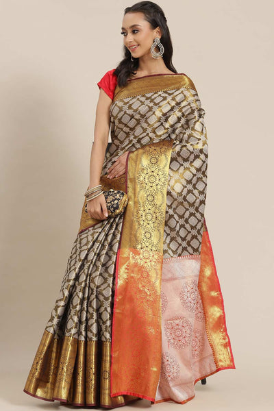 Buy Arti Mahendi Soft Art Silk Floral Printed Banarasi One Minute Saree Online - One Minute Saree
