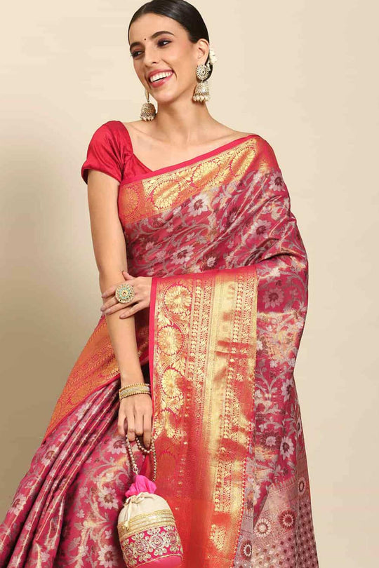 Buy Rosa Pink Art Silk Brocade One Minute Saree Online