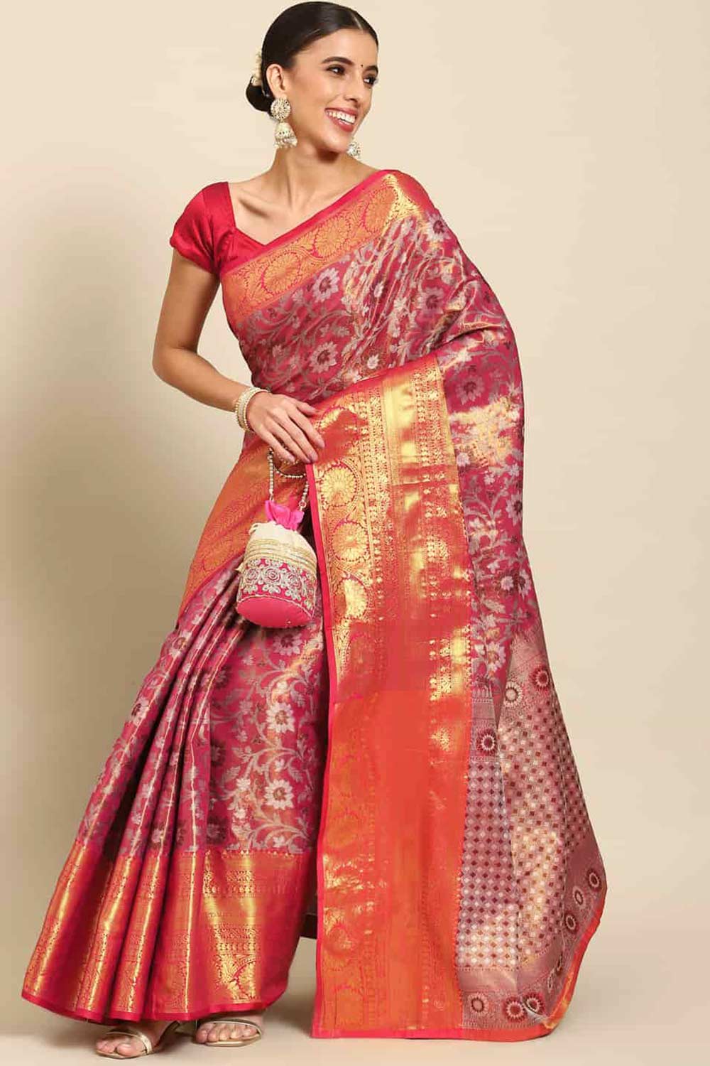 Buy Rosa Pink Art Silk Brocade One Minute Saree Online - One Minute Saree