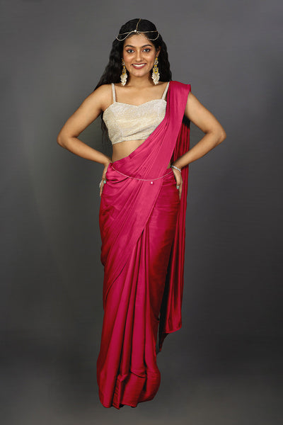 Buy Shana Ombre Pink And Red Satin One Minute Saree Online - One Minute Saree