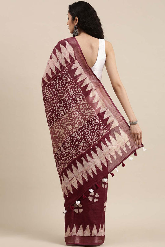 Buy Wilda Burgundy Cotton Blend Batik One Minute Saree Online