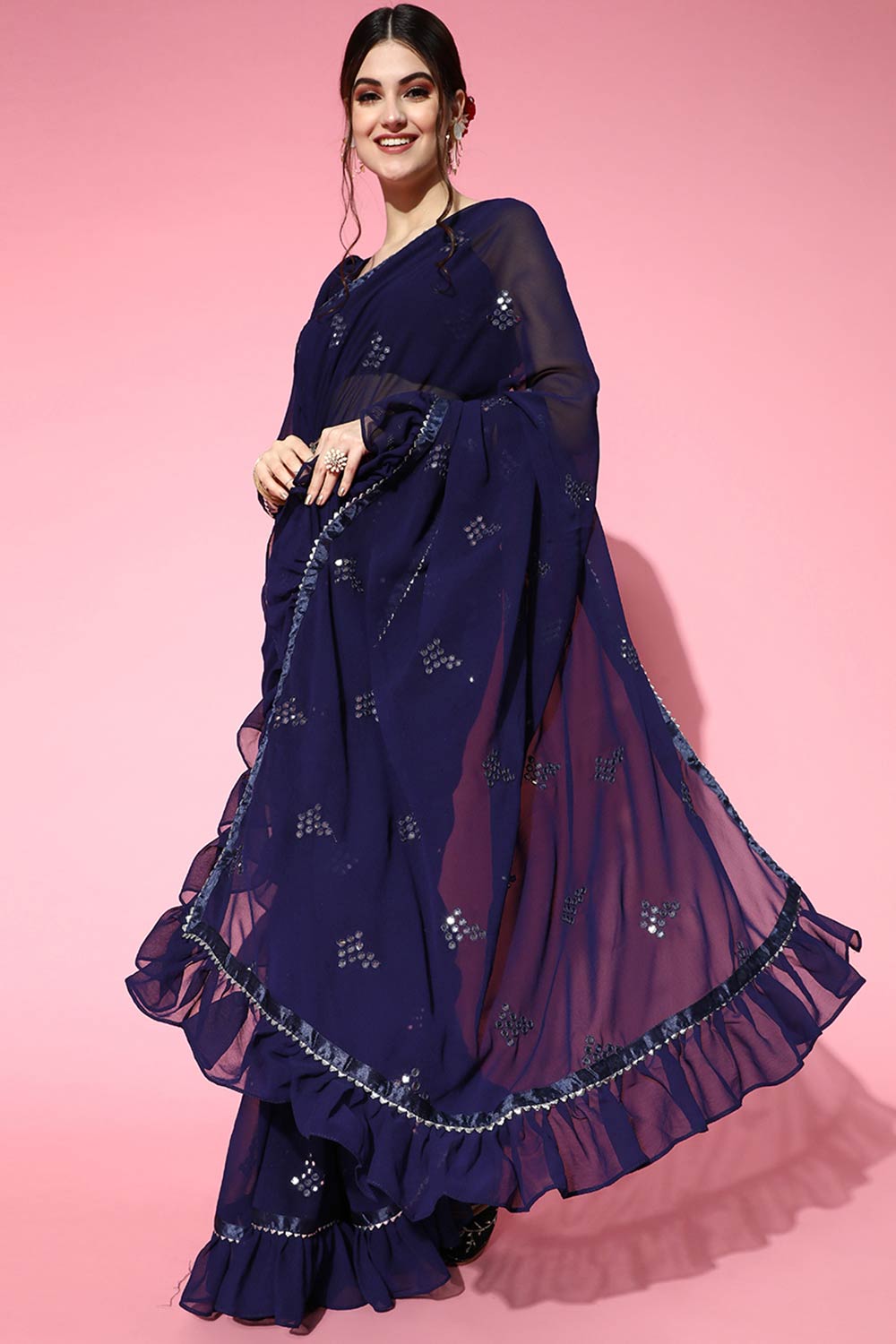 Buy Mabel Mirror Work Blue Poly Georgette Ruffle One Minute Saree Online - One Minute Saree