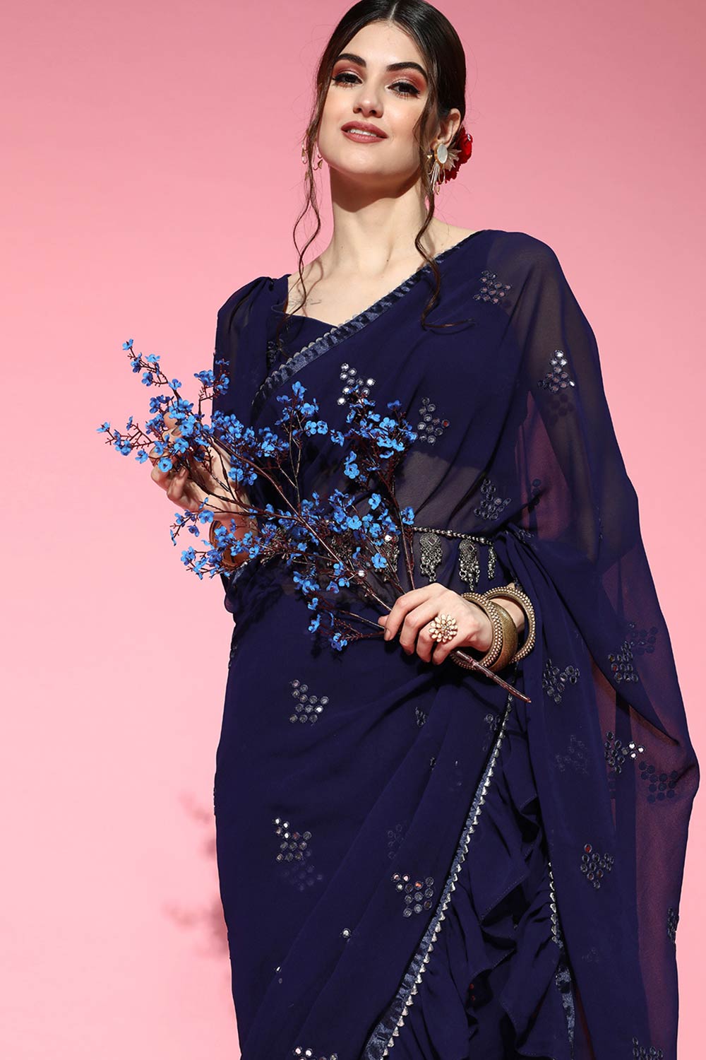 Shop Mabel Mirror Work Blue Poly Georgette Ruffle One Minute Saree at best offer at our  Store - One Minute Saree