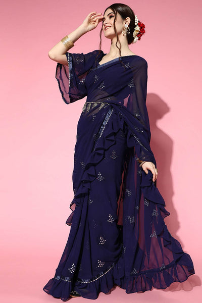 Buy Mabel Mirror Work Blue Poly Georgette Ruffle One Minute Saree Online