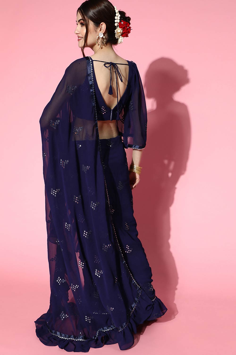 Buy Mabel Mirror Work Blue Poly Georgette Ruffle One Minute Saree Online - Front