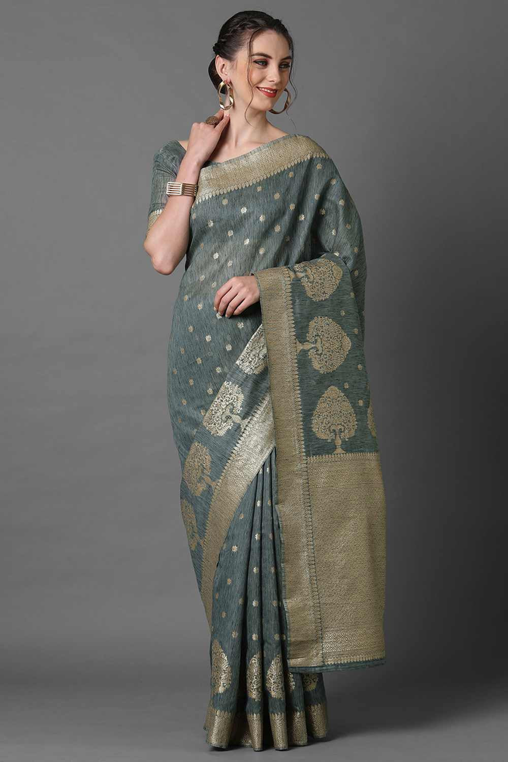 Buy Kaya Grey Woven Art Silk One Minute Saree Online - One Minute Saree