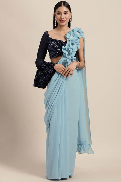 Buy Lana Blue Solid Poly Georgette Pleated Pallu With Sequin Blouse One Minute Saree Online - One Minute Saree