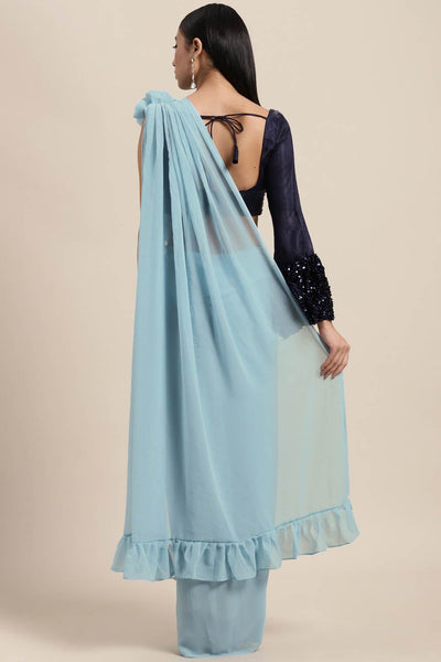 Shop Lana Blue Solid Poly Georgette Pleated Pallu With Sequin Blouse One Minute Saree at best offer at our  Store - One Minute Saree