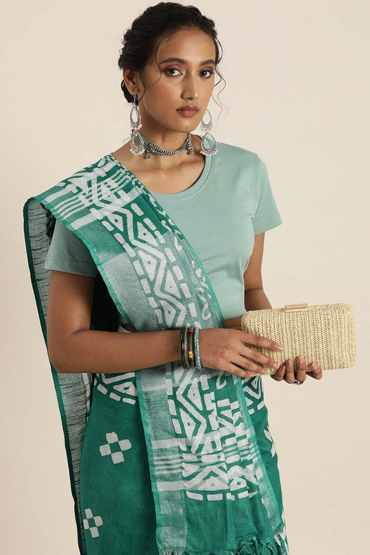 Shop Kohli Green Cotton Blend Block Print One Minute Saree at best offer at our  Store - One Minute Saree