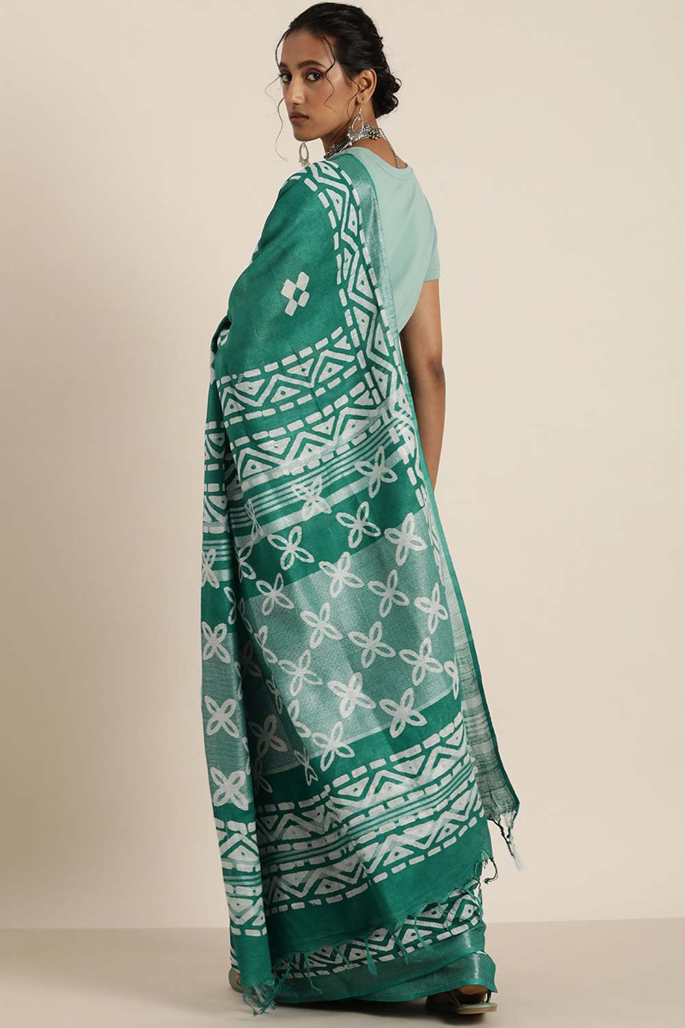 Buy Kohli Green Cotton Blend Block Print One Minute Saree Online
