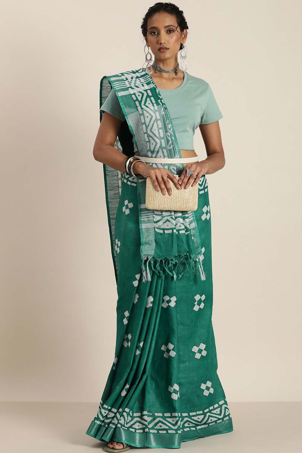 Buy Kohli Green Cotton Blend Block Print One Minute Saree Online - Back