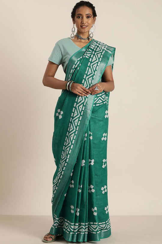 Buy Kohli Green Cotton Blend Block Print One Minute Saree Online - One Minute Saree