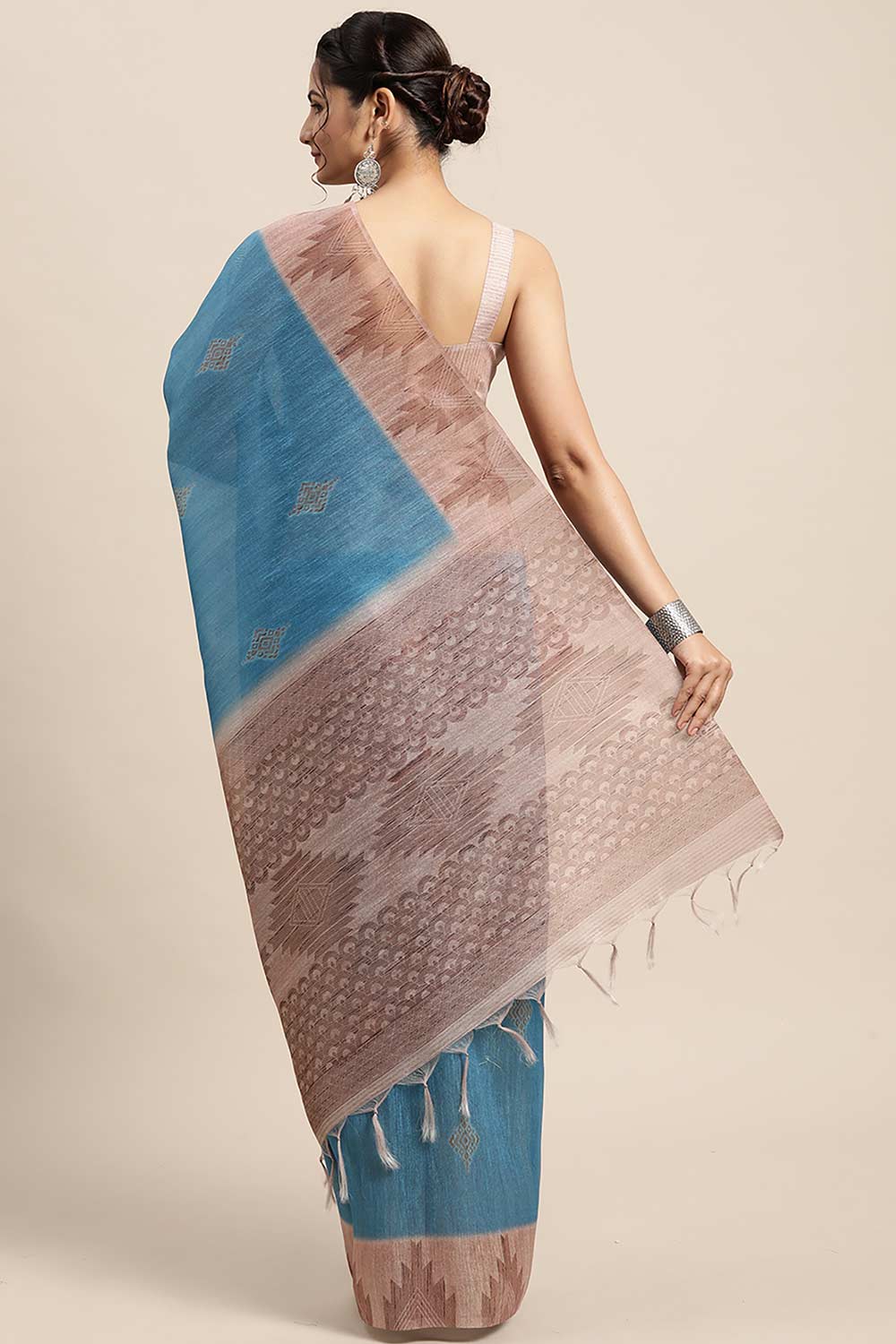 Lulu Blue Silk Blend Bagh Printed One Minute Saree