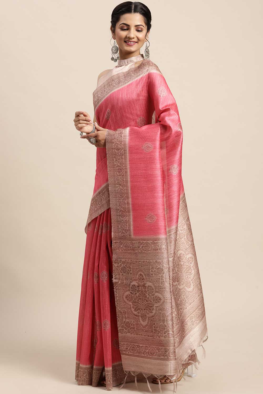 Buy Betsy Silk Blend Pink Printed One Minute Saree Online - Front