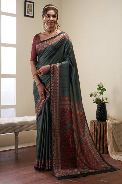 Buy Neetu Green Silk Blend Kalamkari Digital Print Banarasi One Minute Saree Online - One Minute Saree