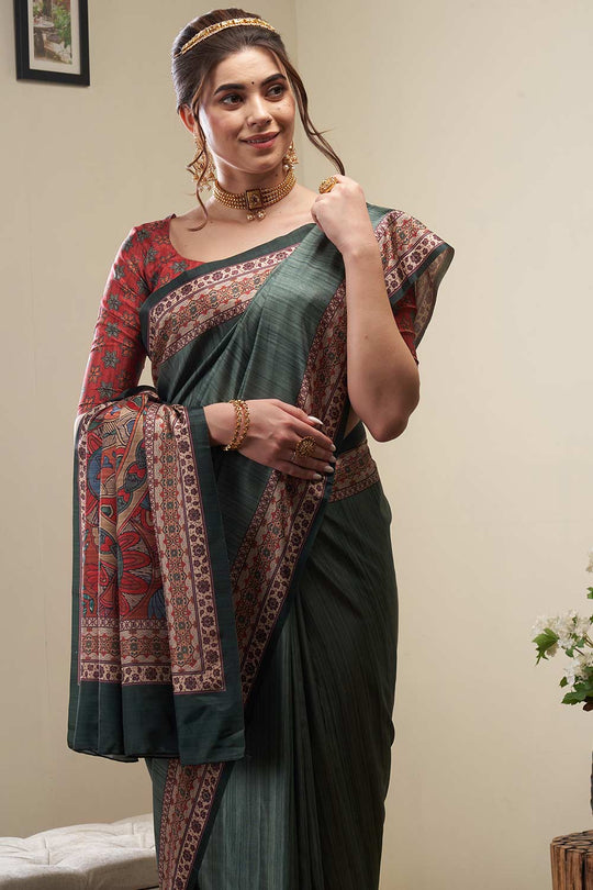 Buy Neetu Green Silk Blend Kalamkari Digital Print Banarasi One Minute Saree Online