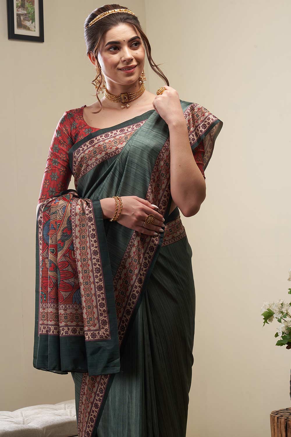 Buy Neetu Green Silk Blend Kalamkari Digital Print Banarasi One Minute Saree Online