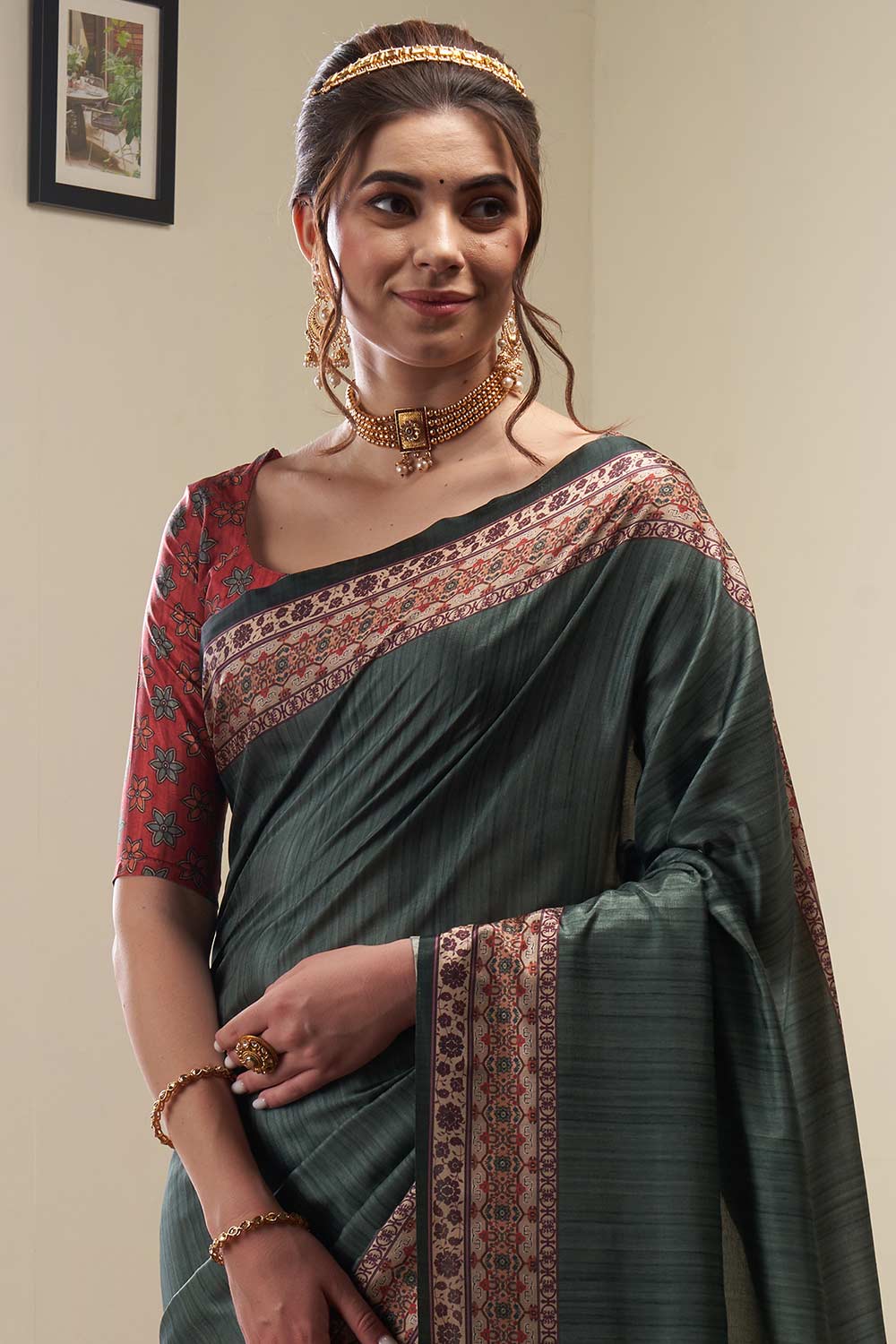 Buy Neetu Green Silk Blend Kalamkari Digital Print Banarasi One Minute Saree Online - Back