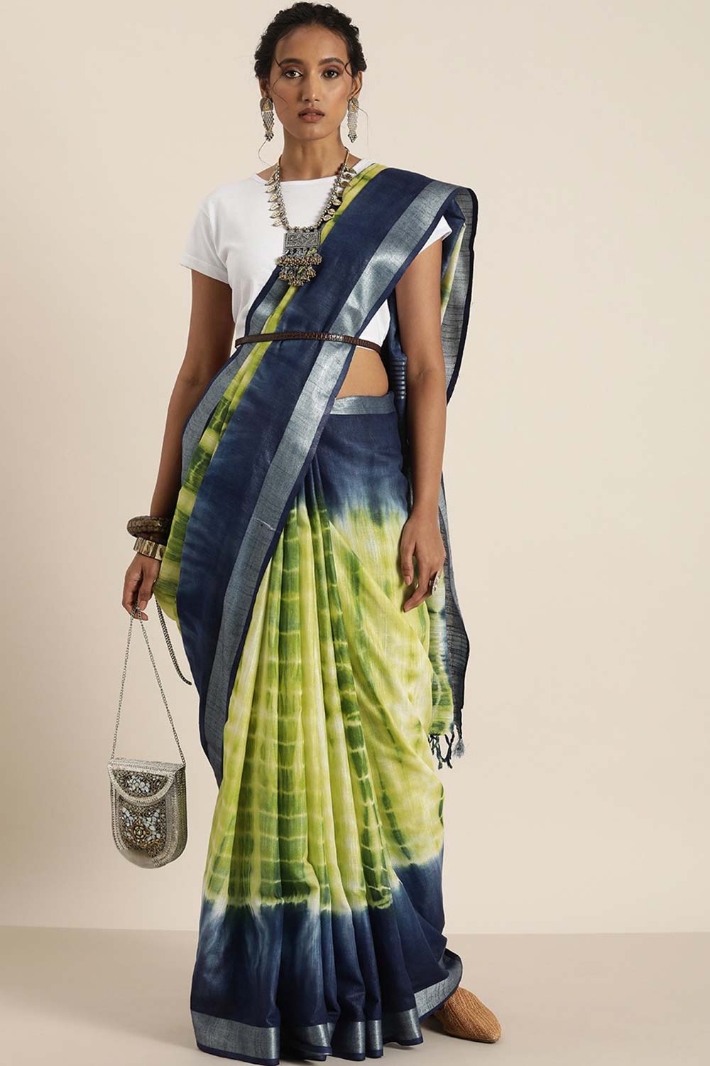 Buy Nina Navy Blue Cotton Blend Bandhani One Minute Saree Online - One Minute Saree