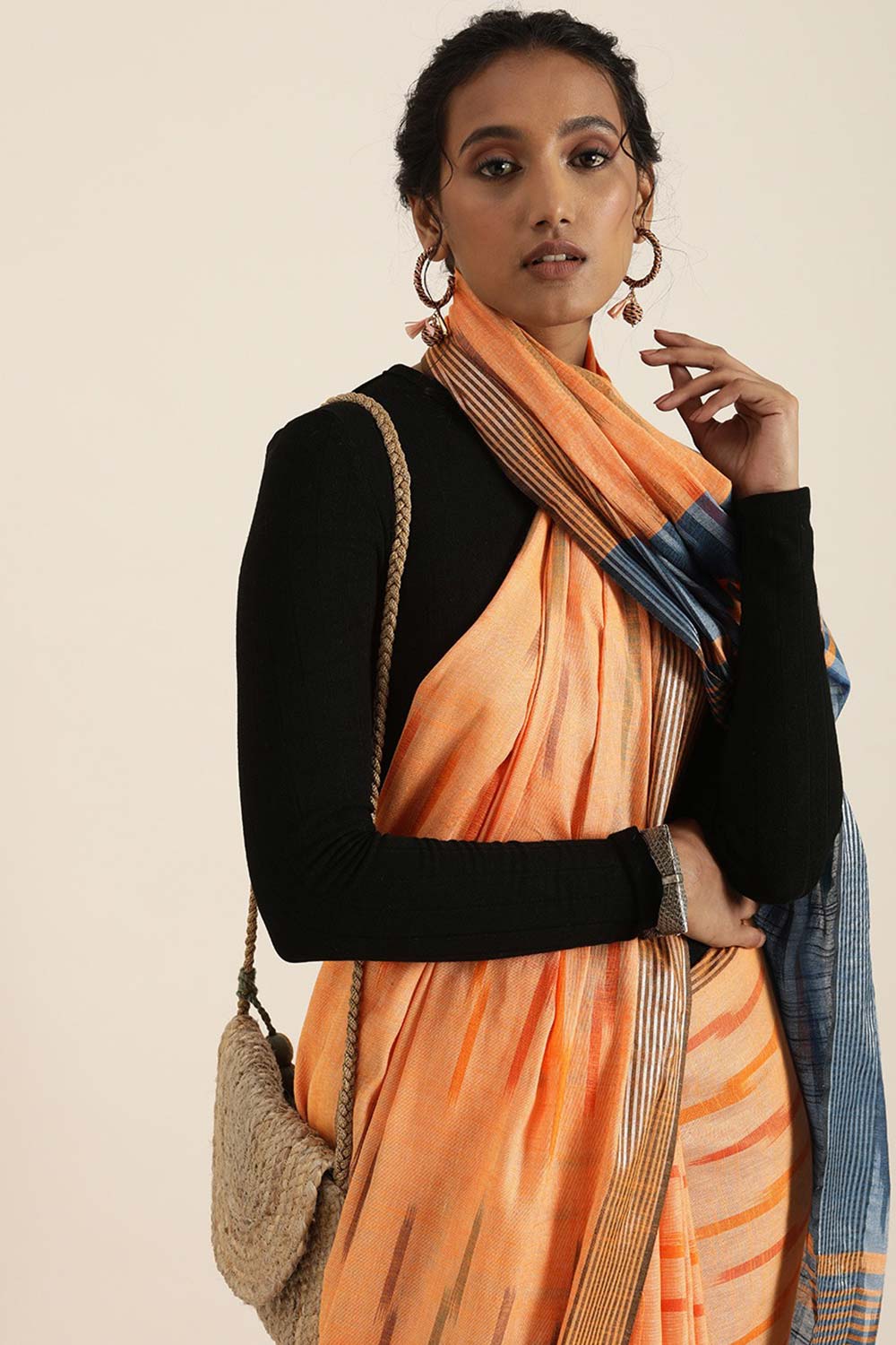 Shop Lina Orange Cotton Blend Ikat One Minute Saree at best offer at our  Store - One Minute Saree