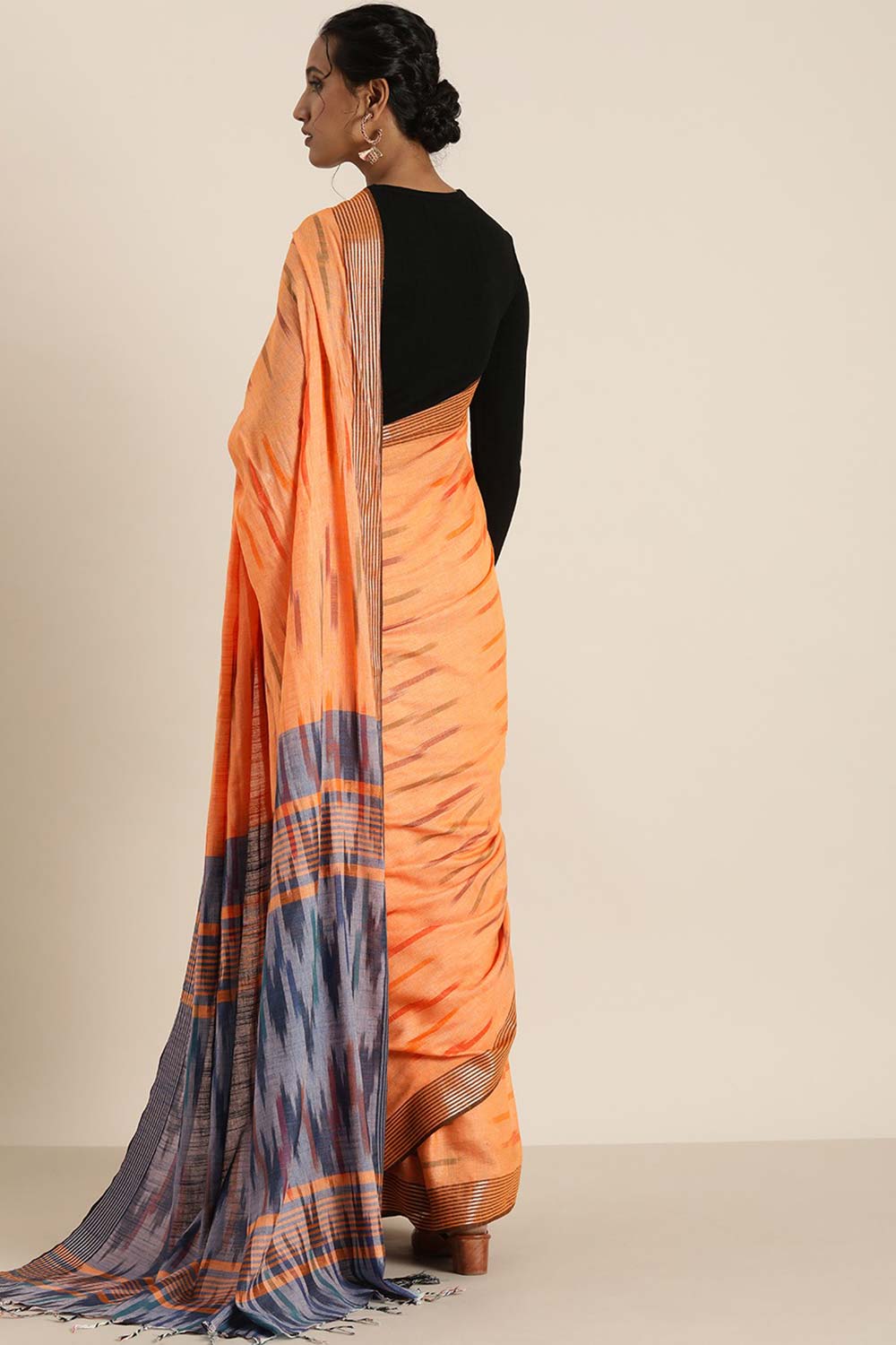Buy Lina Orange Cotton Blend Ikat One Minute Saree Online