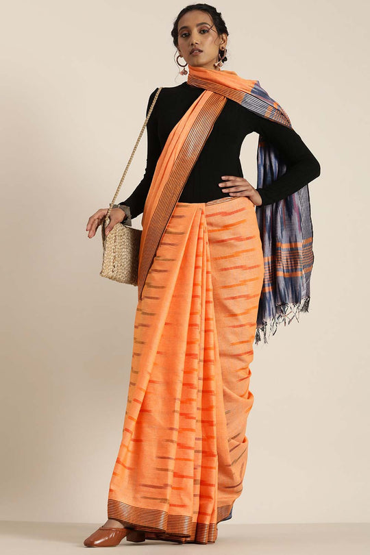 Buy Lina Orange Cotton Blend Ikat One Minute Saree Online - Back