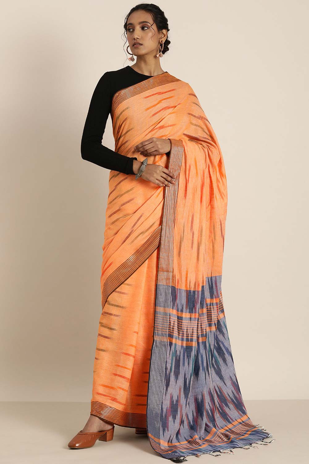 Buy Lina Orange Cotton Blend Ikat One Minute Saree Online - One Minute Saree