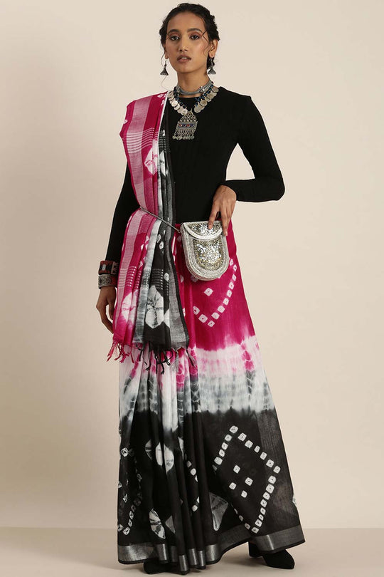 Buy Bhakti Black Cotton Blend Bandhani One Minute Saree Online - Back