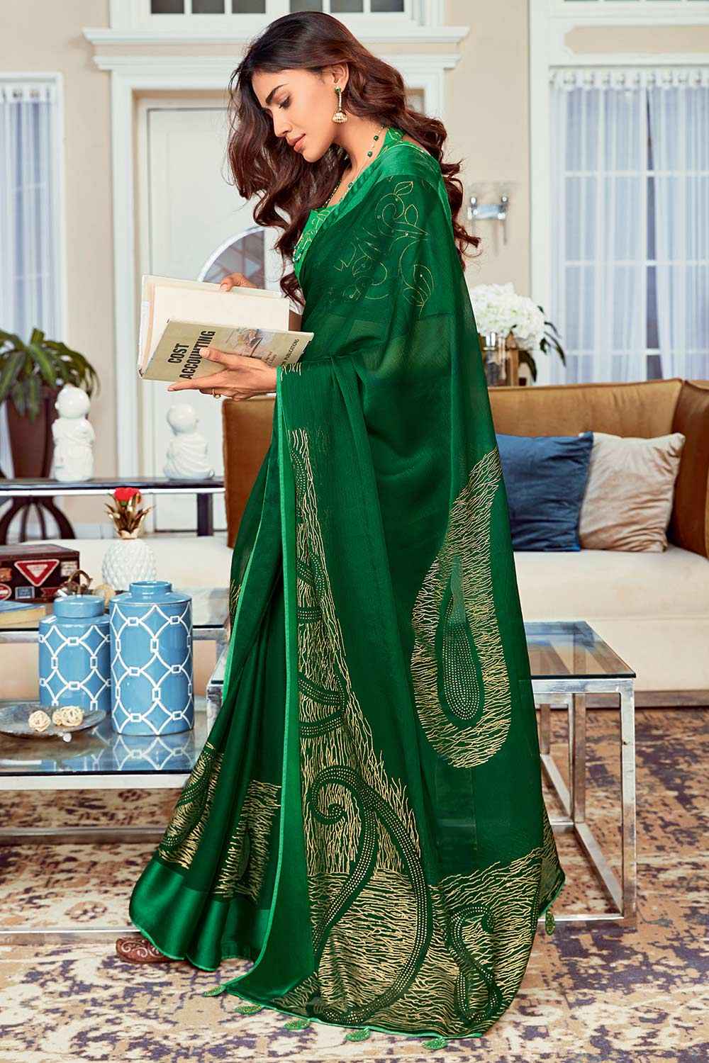Buy Kylee Green Silk Blend Abstract Embellished One Minute Saree Online - One Minute Saree