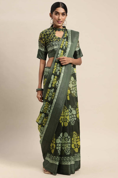 Buy Lavina Olive Brasso Bagh Block Print One Minute Saree Online - One Minute Saree