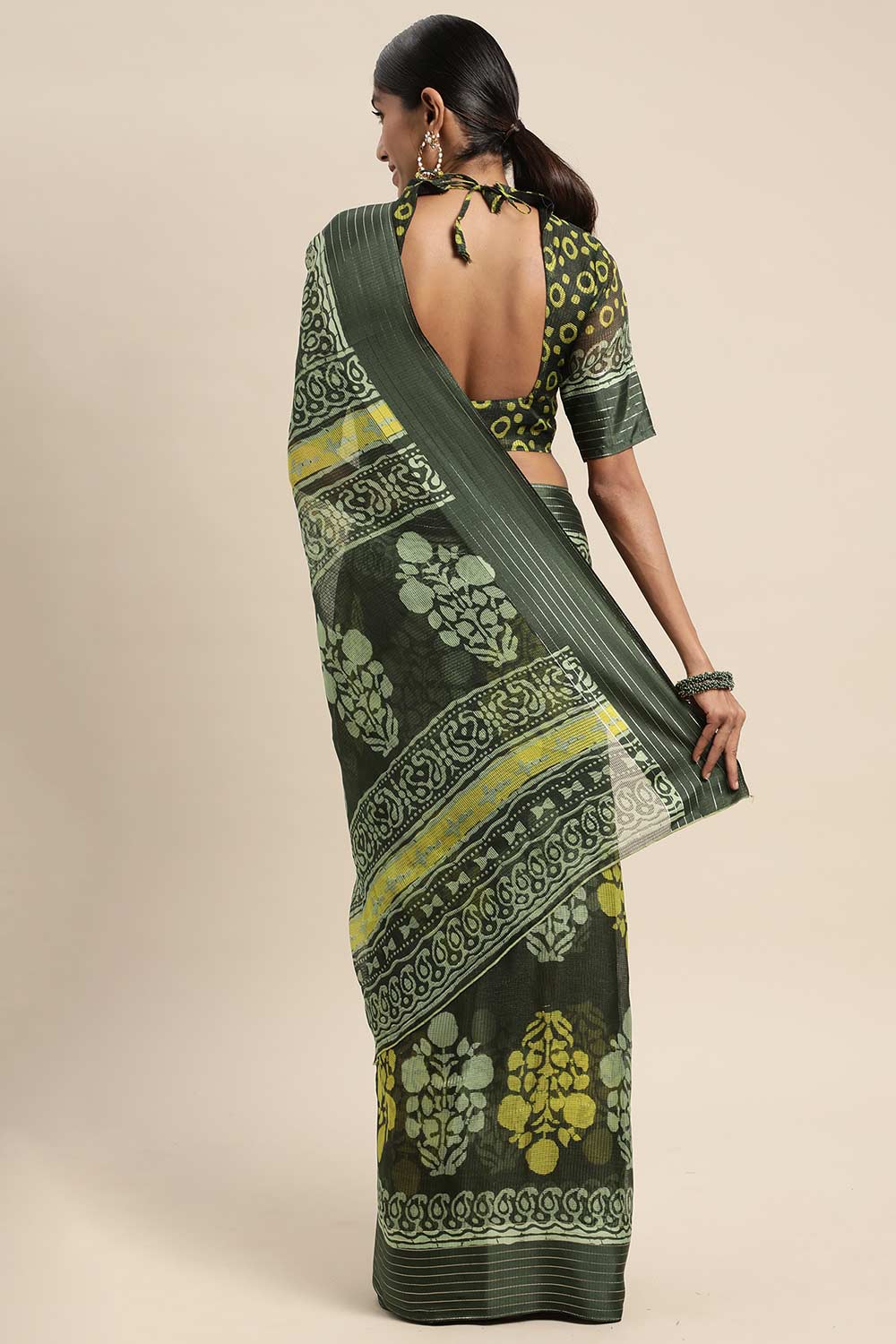 Shop Lavina Olive Brasso Bagh Block Print One Minute Saree at best offer at our  Store - One Minute Saree