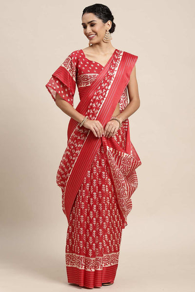 Buy Juhi Red Brasso Batik Ikat Print One Minute Saree Online - One Minute Saree