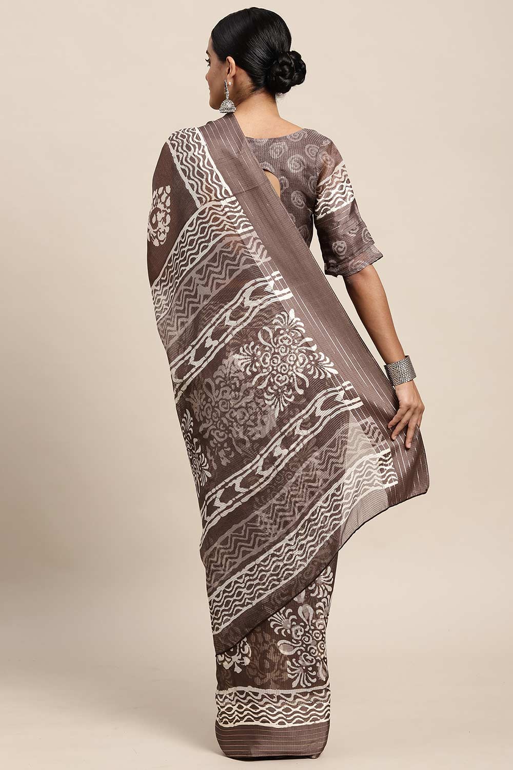 Shop Lisa Charcoal Grey Brasso Bagru Ikat Print One Minute Saree at best offer at our  Store - One Minute Saree