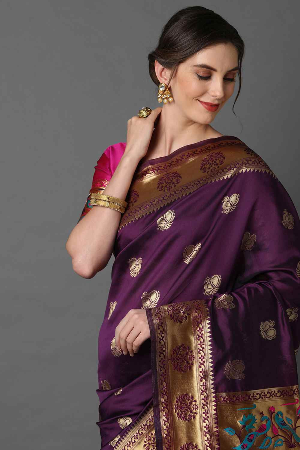 Buy Magenta Woven Art Silk One Minute Saree Online - Side