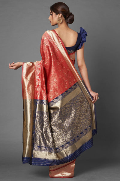Shop Jona Red & Navy Blue Woven Silk Blend One Minute Saree at best offer at our  Store - One Minute Saree