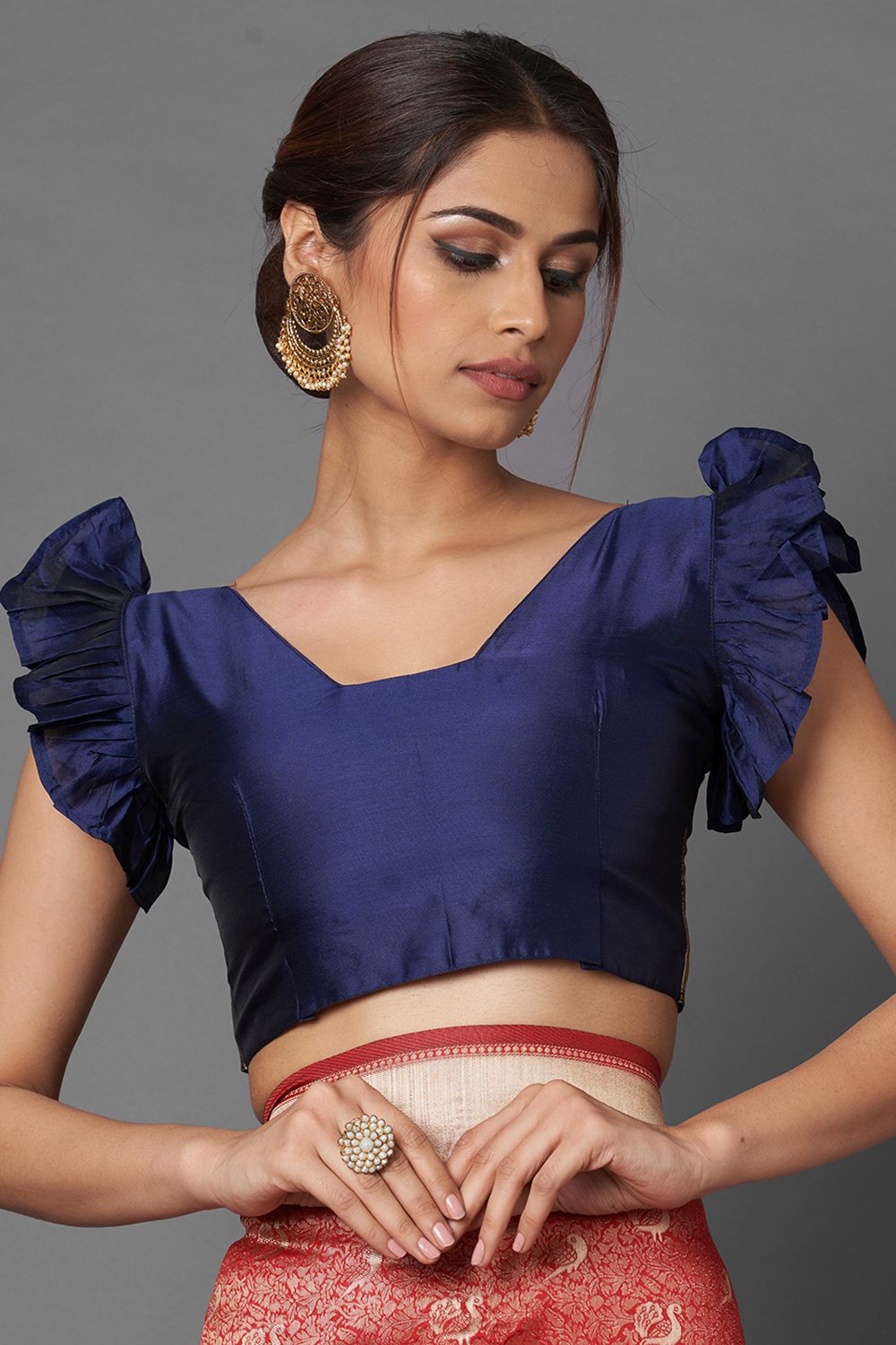 Buy Jona Red & Navy Blue Woven Silk Blend One Minute Saree Online