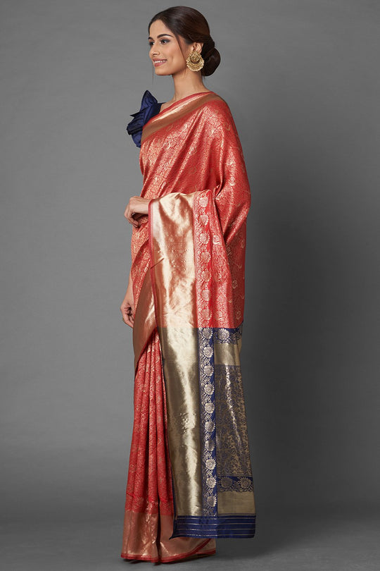 Buy Jona Red & Navy Blue Woven Silk Blend One Minute Saree Online - Front