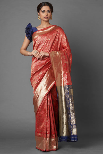 Buy Jona Red & Navy Blue Woven Silk Blend One Minute Saree Online - One Minute Saree