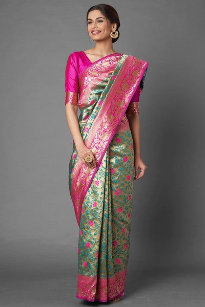 Buy Rekha Green & Pink Woven Silk Blend One Minute Saree Online - One Minute Saree